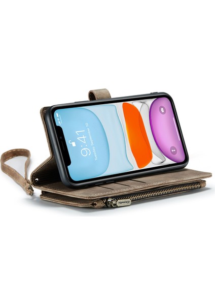 Apple iPhone 11 Fermuarlı Cep Telefonu Kapağı Standı Kullanışlı Kayış ve Birden Fazla Kart Yuvası-Kahverengi Için C30 Önleyici Telefon Cüzdanı Kılıfı (Yurt Dışından)