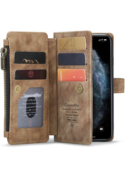 Apple iPhone 11 Fermuarlı Cep Telefonu Kapağı Standı Kullanışlı Kayış ve Birden Fazla Kart Yuvası-Kahverengi Için C30 Önleyici Telefon Cüzdanı Kılıfı (Yurt Dışından)