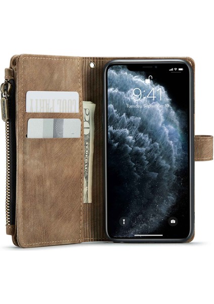 Apple iPhone 11 Fermuarlı Cep Telefonu Kapağı Standı Kullanışlı Kayış ve Birden Fazla Kart Yuvası-Kahverengi Için C30 Önleyici Telefon Cüzdanı Kılıfı (Yurt Dışından)