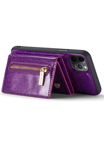 Apple iPhone 11 Için M3 Pro 2-Sour-1 Işıltılı Pu Deri Kaplamalı Pc+Tpu Geri Kılıf Manyetik Çıkarılabilir Fermuar Cüzdan Kickstand-Dark Purple ile Düşme Geçirmez Telefon Kapağı (Yurt Dışından)