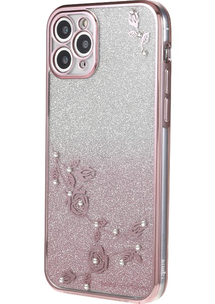 Apple iPhone 11 Profesyonel Gradyan Glitter Için Tpu Anti-Çizgiye Karşı Kapak Çiçek Rhinestone Dekor Telefon Kılıfı Gold (Yurt Dışından)