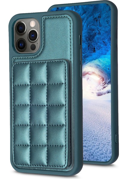 Apple iPhone 11 Için Grid Tasarım Pu Derisi Kaplamalı Tpu Kasa Kart Tutucu Kickstand Telefon Kapak Yeşil (Yurt Dışından)