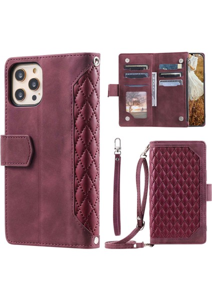 Apple iPhone 11 Için Profesyonel Çoklu Kart Yuvaları Rhombus Doku Pu Deri Fermuar Cep Stand Omuz Kayışı ve El Strap-Wine Red ile Telefon Kılıfı (Yurt Dışından)