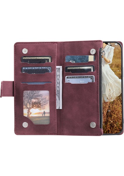 Apple iPhone 11 Için Profesyonel Çoklu Kart Yuvaları Rhombus Doku Pu Deri Fermuar Cep Stand Omuz Kayışı ve El Strap-Wine Red ile Telefon Kılıfı (Yurt Dışından)