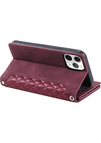 Apple iPhone 11 Için Profesyonel Çoklu Kart Yuvaları Rhombus Doku Pu Deri Fermuar Cep Stand Omuz Kayışı ve El Strap-Wine Red ile Telefon Kılıfı (Yurt Dışından)