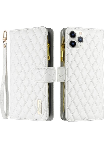 Apple iPhone 11 Için Pro Max Zipper Cep Pu Deri Deri Standı Cüzdan Telefon Kılıfı Desresiting Rhombus Desen Mat Kapak-Beyaz (Yurt Dışından)