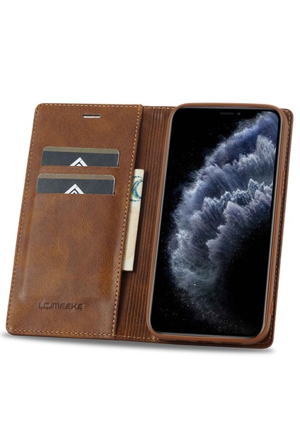 Apple iPhone 11 Pro Max Için Cep Telefonu Kapağı, Rfıd Engelleme Manyetik Otomatik Kapanış Pu Deri Telefon Cüzdan Kılıf Stand-Brown (Yurt Dışından)