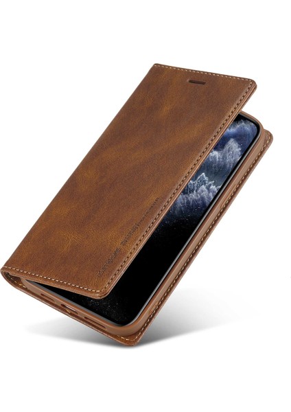 Apple iPhone 11 Pro Max Için Cep Telefonu Kapağı, Rfıd Engelleme Manyetik Otomatik Kapanış Pu Deri Telefon Cüzdan Kılıf Stand-Brown (Yurt Dışından)