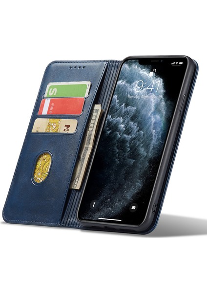 Apple iPhone 11 Pro Telefon Standı Için Işletme Stili Buzağı Doku Cüzdan Manyetik Deri Telefon Kapak Mavisi (Yurt Dışından)