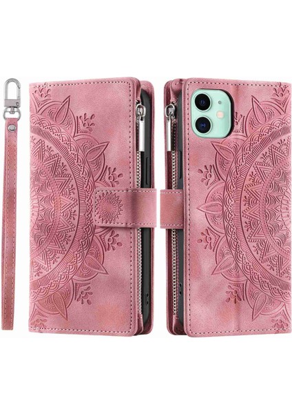 Apple iPhone 11 Için Mandala Baskılı Pu Deri Telefon Kapağı Birden Farik Kart Yuvası ile Katlanabilir Stand Zipper Cep Cüzdan Kılıfı Altın (Yurt Dışından)
