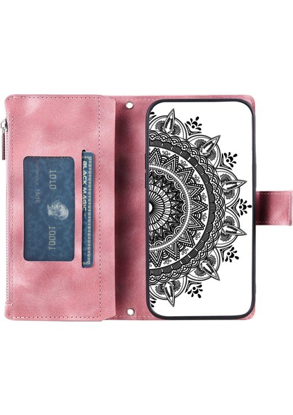 Apple iPhone 11 Için Mandala Baskılı Pu Deri Telefon Kapağı Birden Farik Kart Yuvası ile Katlanabilir Stand Zipper Cep Cüzdan Kılıfı Altın (Yurt Dışından)