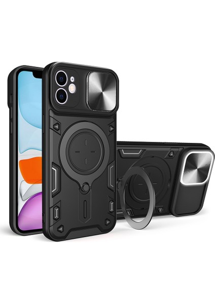 Apple iPhone 11 Slide Camera Lid Anti-Drop Kapak Pc+Tpu Telefon Kılıfı ile Rotatable Kickstand-Black (Yurt Dışından)