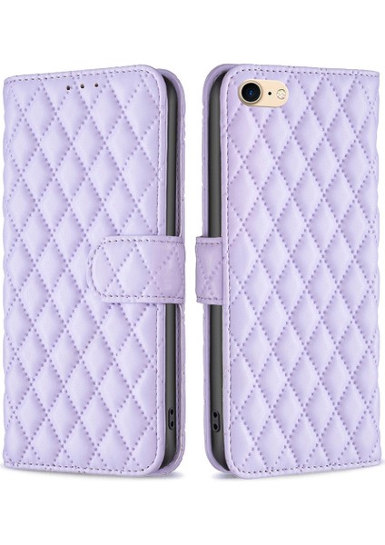 Apple iPhone Se Için Baskılı Rhombus Patern Kılıf Yatay Stand Mat Pu Deri Deri Cüzdan Kapak-Purple (Yurt Dışından)