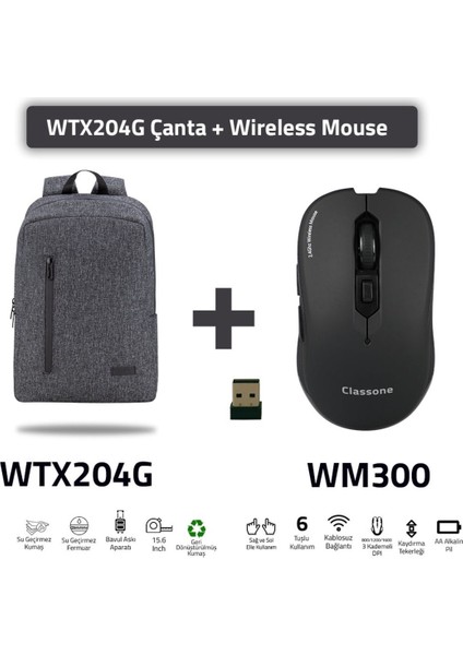 BP-WTX204G-WM300 15.6" Wtxpro Su Geçirmez Kumaş ve Fermuar ,notebook, Laptop Çantası+Mouse