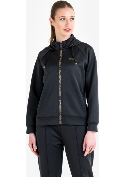Siyah Kadın Fermuarlı Kapüşonlu Sweatshirt 23N-2126