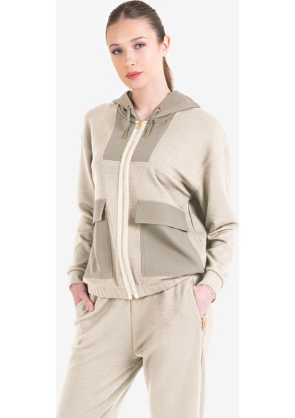 Bej Kadın Fermuarlı Kapüşonlu Sweatshirt 23N-2101