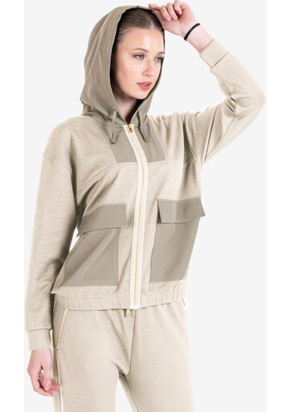 Bej Kadın Fermuarlı Kapüşonlu Sweatshirt 23N-2101 modelleri
