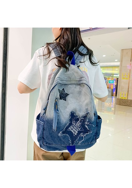 Yıkanmış Denim Yama Işlemeli Degrade Sırt Nın Kore Versiyonu Kadın Trendi Sokak Fonksiyonel Sırt Çantası (Yurt Dışından) modelleri