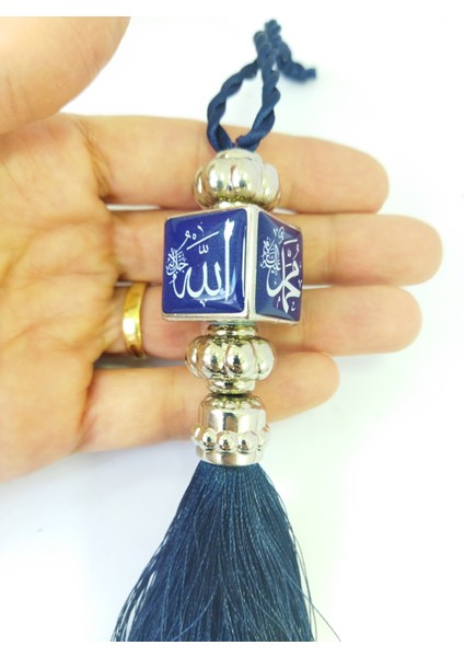 Allah/muhammed Lafzı Lacivert Araba Dikiz Ayna Süsü Püsküllü+Nazar Boncuk Temalı Metal Anahtarlık