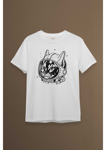 Beyaz Unisex Kedi Kozmonot Meow Astronot Cat Nasa Uzay Baskılı T-Shirt