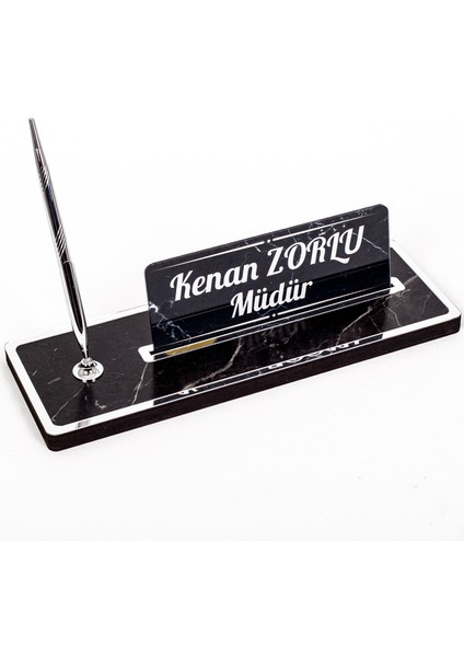 Mermer Desenli Ahşap Masa Isimliği Ofis Hediye Gümüş Isimlik