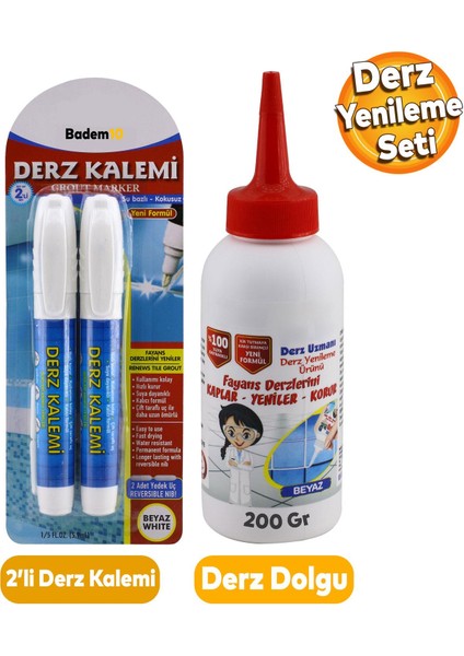 (3'lü Set) Fayans Beyaz Derz Boyama Kalemi Su Bazlı Hızlı Kuruyan + Fayans Arası Derz Dolgusu 200 gr
