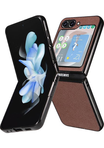 Samsung Galaxy Z Flip5 5g Litchi Doku Telefon Kılıfı Pu Deri Kaplamalı Pc Ince Fit Kapak (Yurt Dışından)