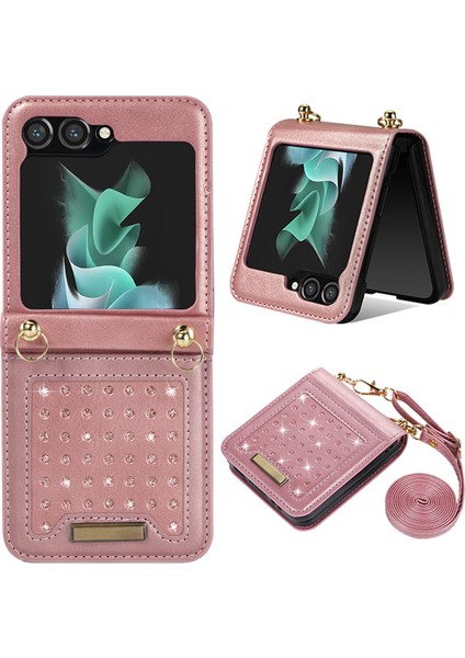Samsung Galaxy Z Flip5 5g Rfıd Engelleme Cüzdan Pu Deri Kaplamalı Pc Rhinestone Dekor Telefon Kapağı Kirkar (Yurt Dışından)