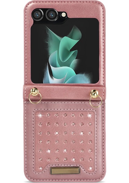Samsung Galaxy Z Flip5 5g Rfıd Engelleme Cüzdan Pu Deri Kaplamalı Pc Rhinestone Dekor Telefon Kapağı Kirkar (Yurt Dışından)