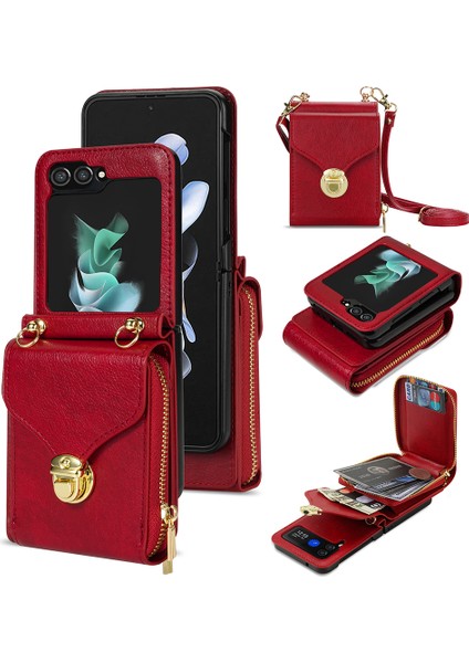 Samsung Galaxy Z Flip5 5g Pu Deri Kaplamalı Tpu+Pc Telefon Kılıfı Zipper Cep Kartı Yuva Kapağı Omuz Kayışı ile (Yurt Dışından) fiyatları
