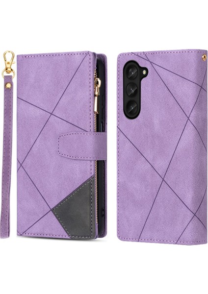 Samsung Galaxy Z Fold5 5g Cüzdan Flip Pu Pu Deri Çizgiler Baskılı Fermuar Cep Stand Telefon Kapağı (Yurt Dışından)