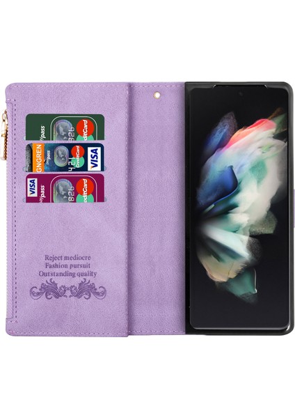 Samsung Galaxy Z Fold5 5g Cüzdan Flip Pu Pu Deri Çizgiler Baskılı Fermuar Cep Stand Telefon Kapağı (Yurt Dışından)