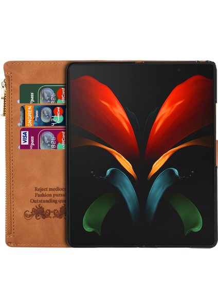 Samsung Galaxy Z Fold5 5g Cüzdan Flip Pu Pu Deri Çizgiler Baskılı Fermuar Cep Stand Telefon Kapağı (Yurt Dışından)