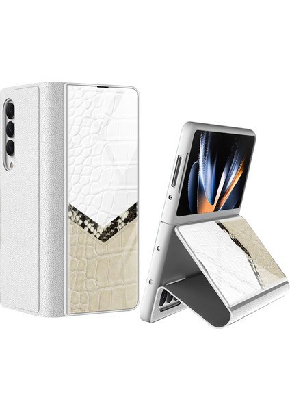Samsung Galaxy Z Fold4 5g Stand Telefon Kılıfı Ekleme Temperli Cam + Pu Deri + Pc Folio Flip Cover (Yurt Dışından)