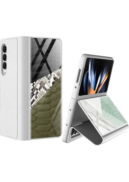 Samsung Galaxy Z Fold4 5g Stand Telefon Kılıfı Ekleme Temperli Cam + Pu Deri + Pc Folio Flip Cover (Yurt Dışından)