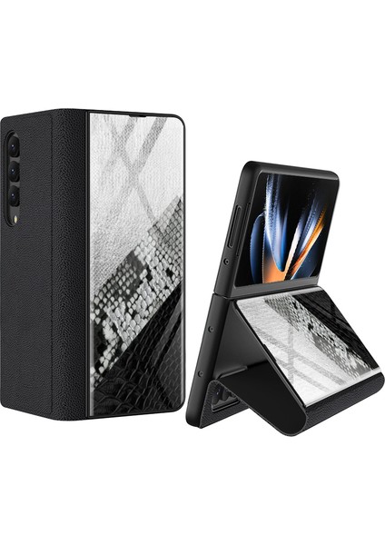 Samsung Galaxy Z Fold4 5g Stand Telefon Kılıfı Ekleme Temperli Cam + Pu Deri + Pc Folio Flip Cover (Yurt Dışından)