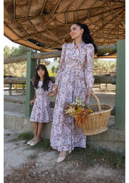 Tesettür Kahve Çiçekli Boyundan Bağlamalı Kloş Anne Kız Kombini (Tekli Satılmaktadır) fiyatları