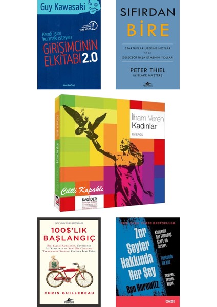 İlham Veren Kadınlar (Ciltli) + Girişimcinin El Kitabı 2.0 (Guy Kawasaki) + Sıfırdan Bire (Peter Thiel) + 100 Dolarlık Başlangıç + Zor Şeyler Hakkında Her Şey (Ben Horowitz) / 5 Kitap Set