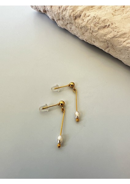 Mayorka Incili Minimal Tasarım Altın Kaplama Küpe