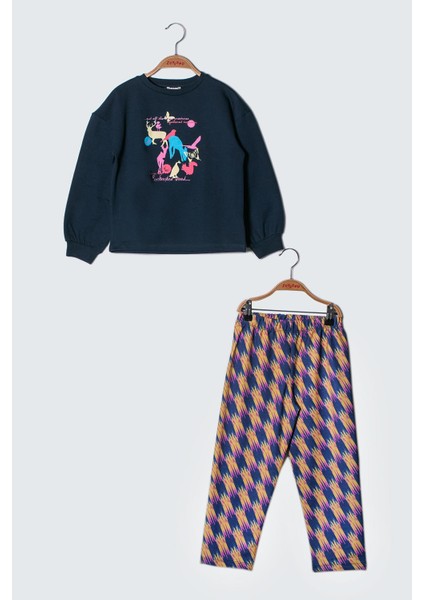 Kız Çocuk Baskılı Sweatshirt Tayt Takım