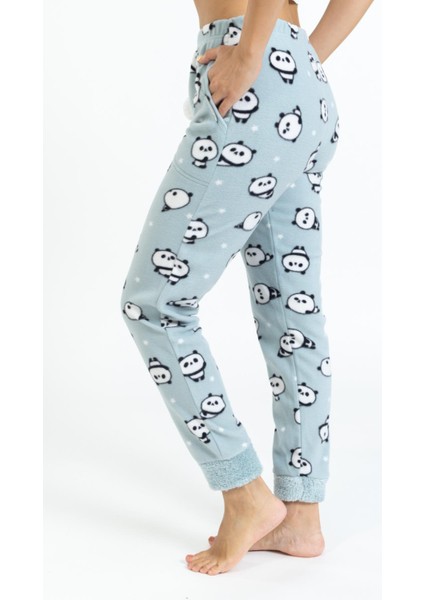 Kadın 215-11 Panda Desenli Paça Manşetli Peluş Polar Tek Alt Yeşil