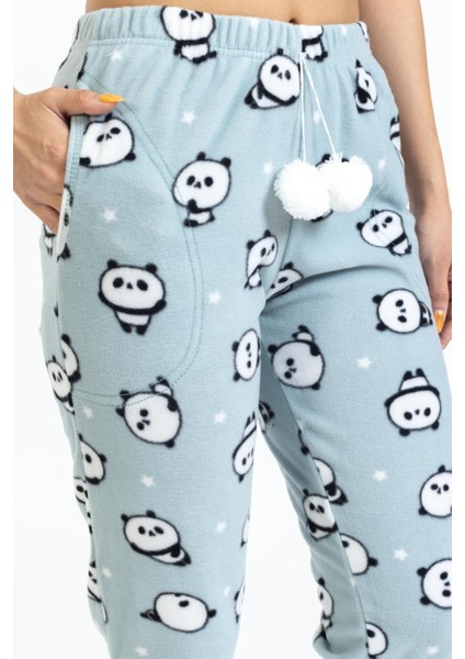Kadın 215-11 Panda Desenli Paça Manşetli Peluş Polar Tek Alt Yeşil