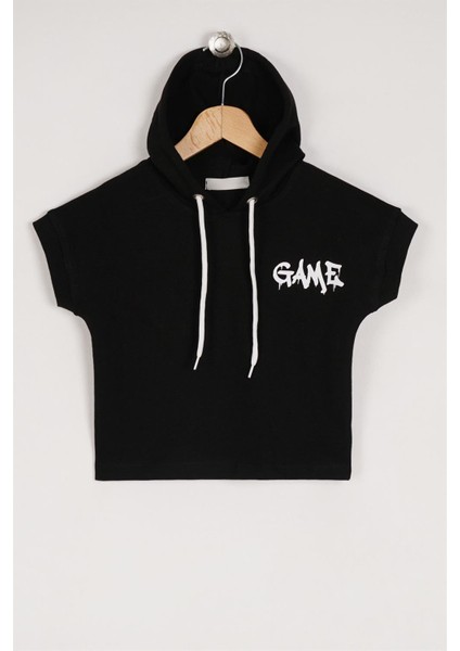 Erkek Çocuk Siyah Renkli Game Baskılı Kapuşonlu Kısa Kol Sweatshirt