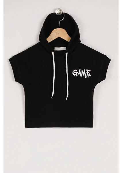 Erkek Çocuk Siyah Renkli Game Baskılı Kapuşonlu Kısa Kol Sweatshirt