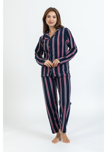 Kadın Çizgili Önü Düğmeli Polar Pijama Takımı Siyah