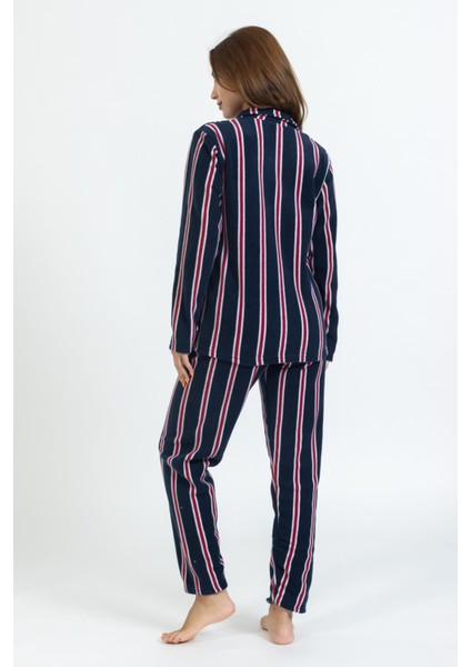 Kadın Çizgili Önü Düğmeli Polar Pijama Takımı Siyah
