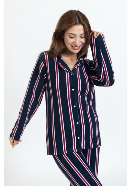 Kadın Çizgili Önü Düğmeli Polar Pijama Takımı Siyah