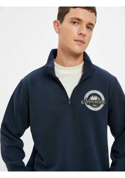 Yarım Fermuarlı Sweatshirt Kolej Baskılı Dik Yaka