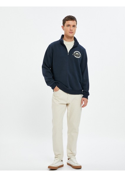 Yarım Fermuarlı Sweatshirt Kolej Baskılı Dik Yaka