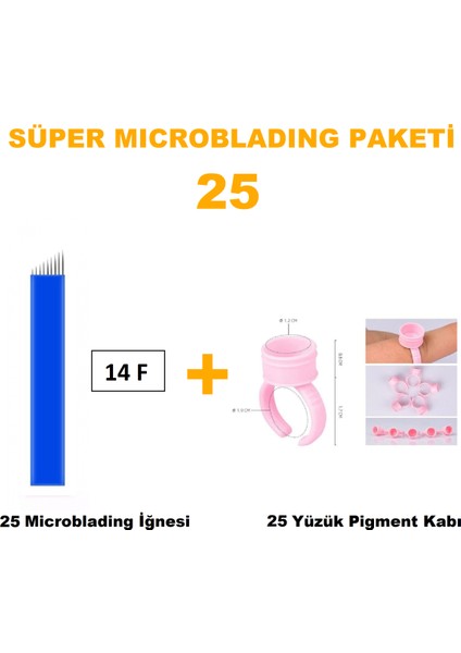 Microblading İğnesi ve Pigment Kabı Seti 14F Mavi 25 Adet